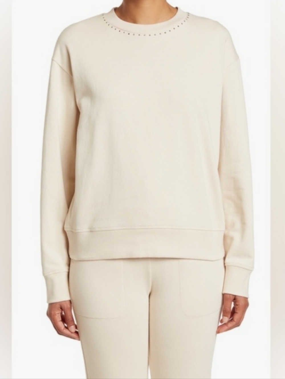 St John 100% Cotton Boxy Relaxed Fit Crewneck Embellished Pullover Sweater Small